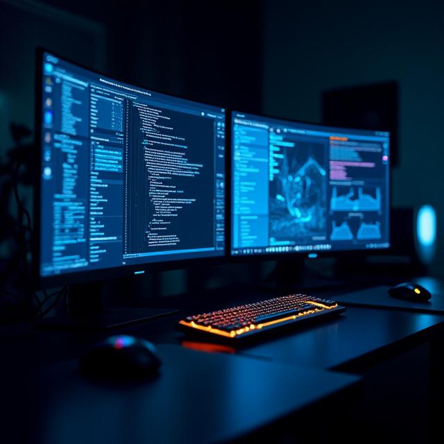 Stilisiertes Game-Prototyping Interface auf einem futuristischen Monitor