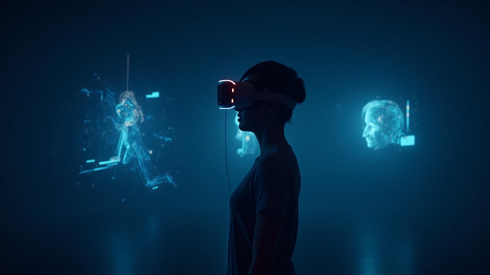 Person mit VR-Brille interagiert mit digitalen UI-Elementen