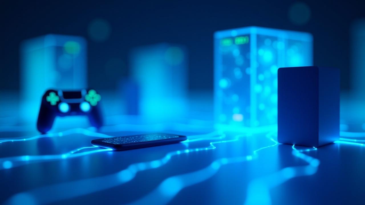 Stilisierte Darstellung vernetzter Spielgeräte in einer futuristischen Umgebung