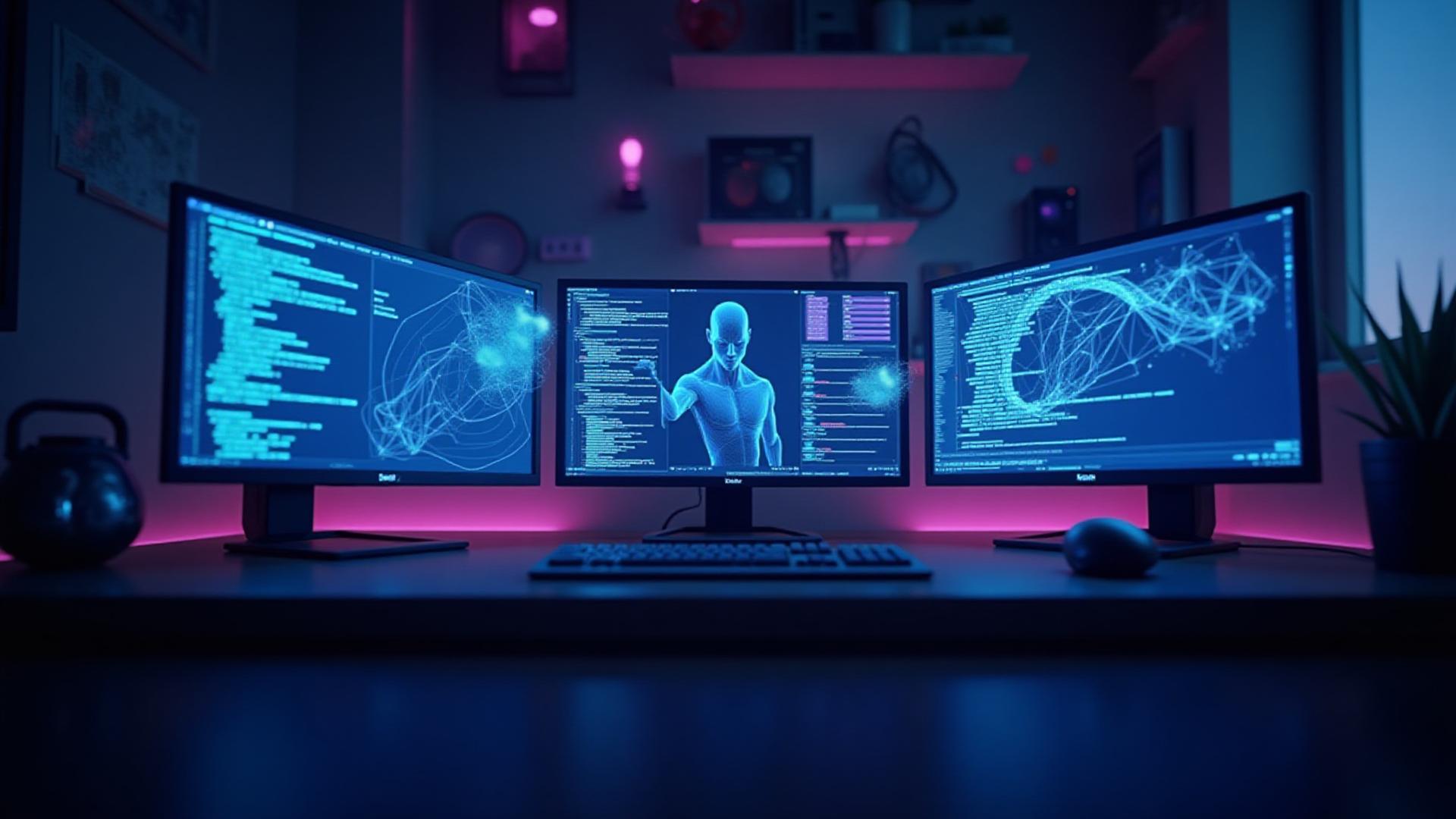 Futuristische Spieleentwicklungsumgebung mit holografischen Code-Strukturen